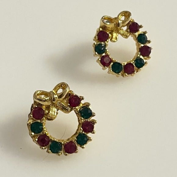 Vtg Avon Christmas Tree and Wreath Gold Toned Gemstone Ornament Earrings - Picture 14 of 16